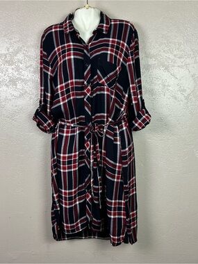Plaid Midi Shirt Dress with Tie Waist - Black & Red